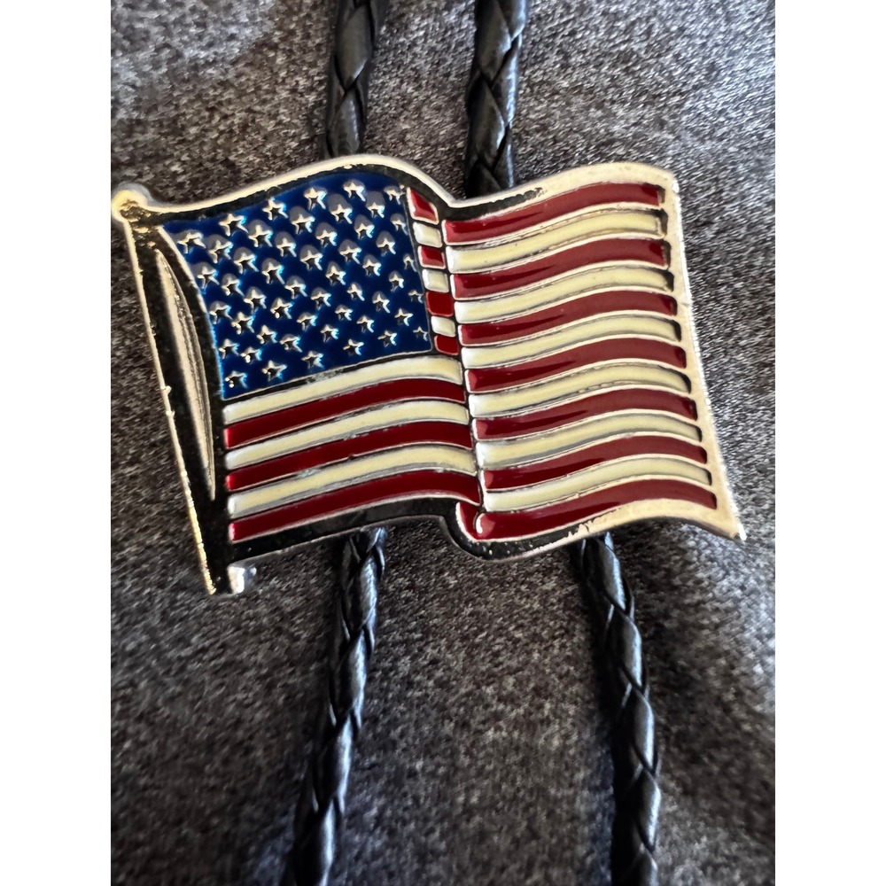 Vintage American Flag Bolo Tie USA Stars Stripes Veteran Western Patriot Black